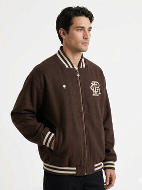 LRG MEN'S BROWN THE NATURAL WOOL BLEND EMBROIDERED VARSITY JACKET - XL